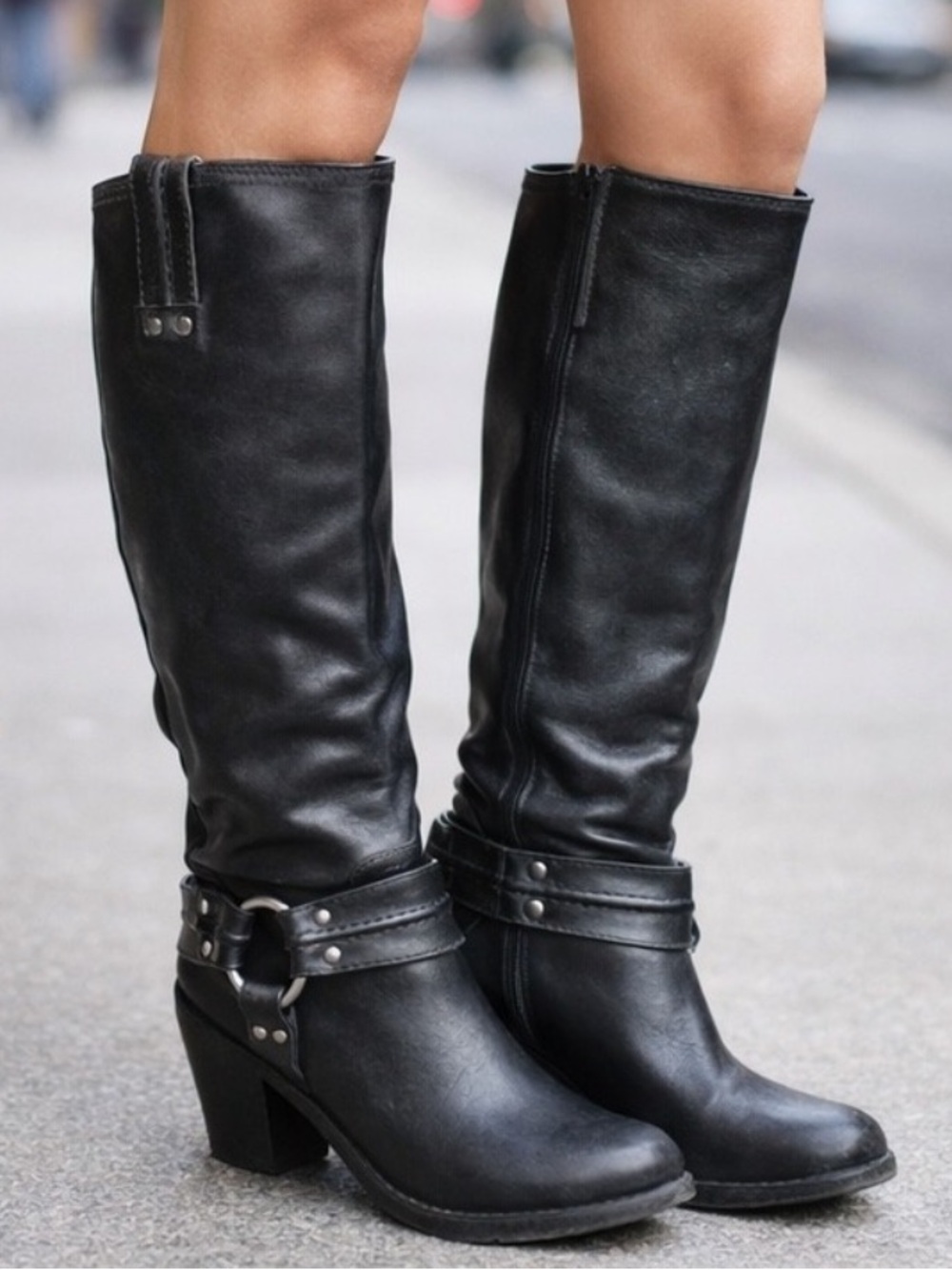 Frye Black Leather Knee-High Heeled Boots